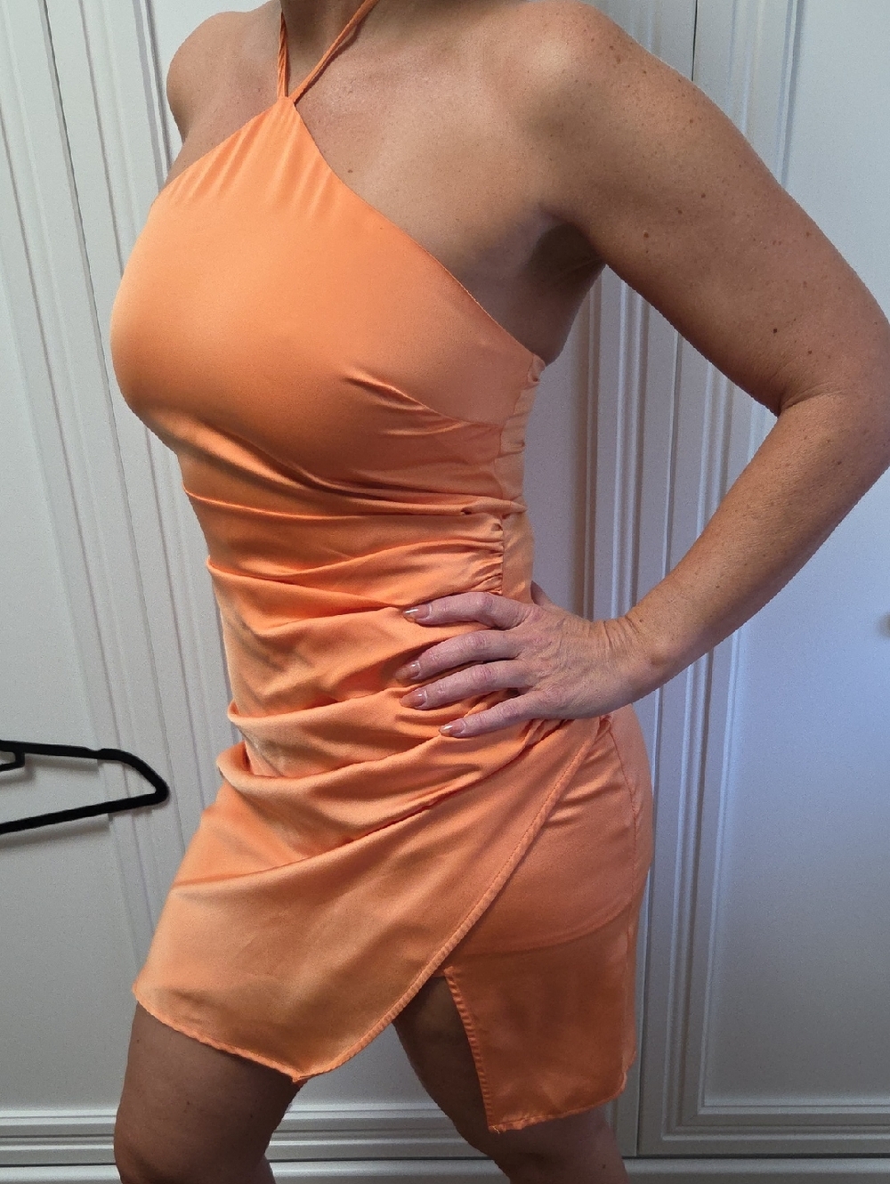 Adelyn Rae Halter Peach Satin Mini Dress